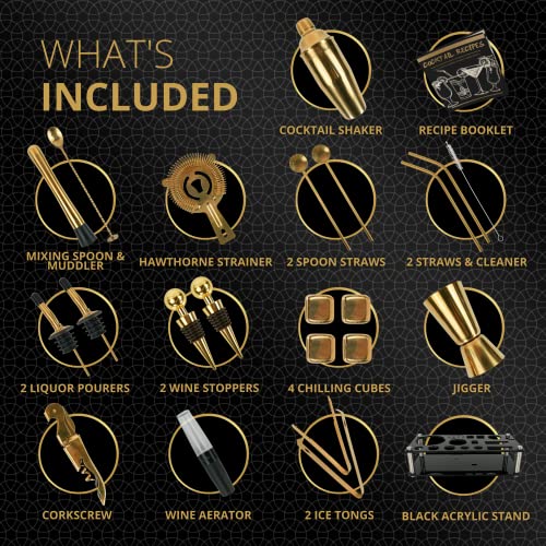 Mixology Bartender Kit – 24 Piece Gold Cocktail Shaker Set w/Stand – Essential Home Bar Accessories Martini Shaker, Jigger, Muddler, Chilling Cubes & More - My Kitchen Products