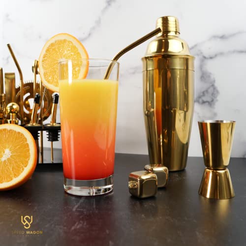 Mixology Bartender Kit – 24 Piece Gold Cocktail Shaker Set w/Stand – Essential Home Bar Accessories Martini Shaker, Jigger, Muddler, Chilling Cubes & More - My Kitchen Products