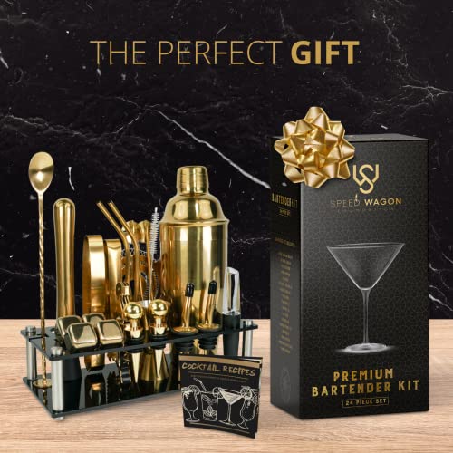 Mixology Bartender Kit – 24 Piece Gold Cocktail Shaker Set w/Stand – Essential Home Bar Accessories Martini Shaker, Jigger, Muddler, Chilling Cubes & More - My Kitchen Products