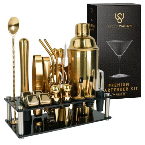 Mixology Bartender Kit, 24 Piece Gold Cocktail Shaker Set w/Stand, Essential Home Bar Accessories Martini Shaker