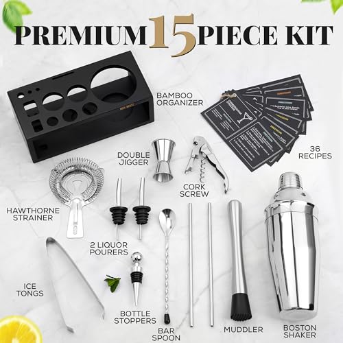 Mixology Bartender Kit with Stand - 15 Piece Bar Tool Set, Silver Bar Set Cocktail Shaker Set for Drink Mixing - Includes Martini Shaker, Jigger, Strainer, Bar Mixer Spoon, Tongs, Opener | Gift Idea - My Kitchen Products