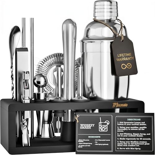 Mixology Bartender Kit with Stand, 15 Piece Bar Tool Set, Silver Bar Set Cocktail Shaker Set for Drink