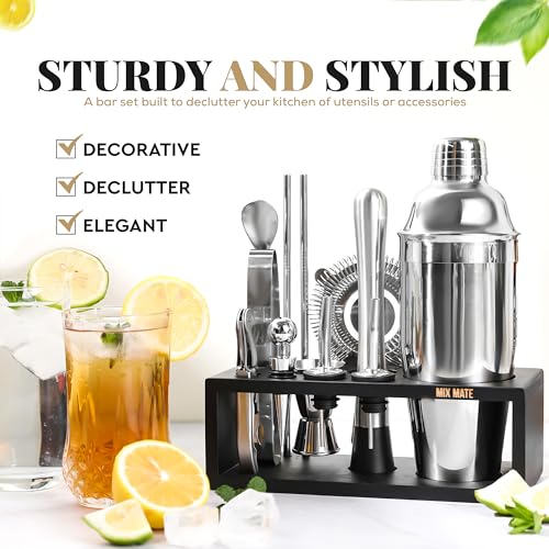 Mixology Bartender Kit with Stand - 15 Piece Bar Tool Set, Silver Bar Set Cocktail Shaker Set for Drink Mixing - Includes Martini Shaker, Jigger, Strainer, Bar Mixer Spoon, Tongs, Opener | Gift Idea - My Kitchen Products