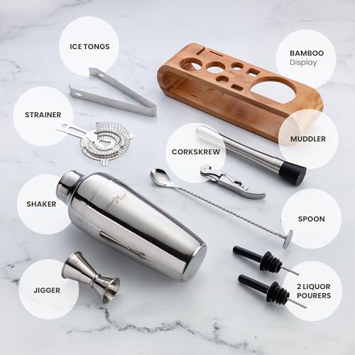 Mixology Cocktail Shaker Set - 10-Piece Cocktail Making Set - Home Bartender Kit in Bamboo Stand with Spoon, Boston Shaker, Other Tools for Drink Mixing, Martini, Mocktail - Gift Set (Silver) - My Kitchen Products