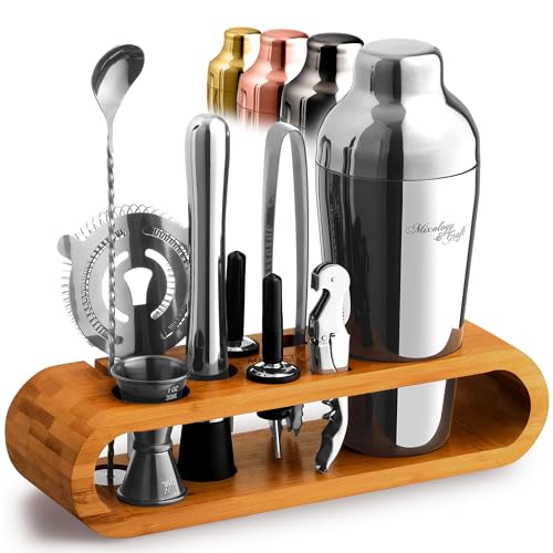 Mixology Cocktail Shaker Set, 10-Piece Cocktail Making Set, Home Bartender Kit in Bamboo Stand with Spoon, Boston