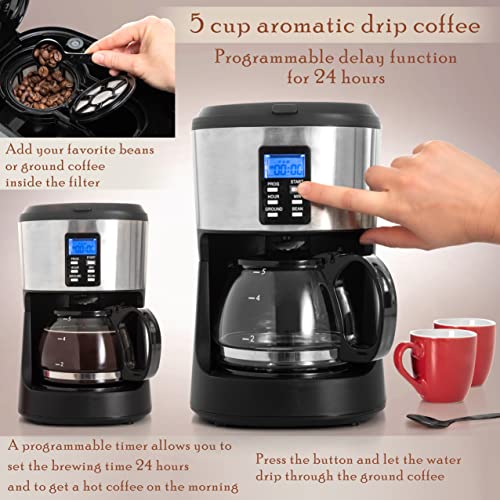 Mixpresso 5-Cup Drip Coffee Maker, Automatic Brew Coffee Pot Machine with Built-In Burr Coffee Grinder, Programmable Smart Coffee Maker with Timer With Glass Carafe Coffee Pot - My Kitchen Products