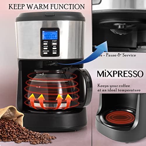 Mixpresso 5-Cup Drip Coffee Maker, Automatic Brew Coffee Pot Machine with Built-In Burr Coffee Grinder, Programmable Smart Coffee Maker with Timer With Glass Carafe Coffee Pot - My Kitchen Products