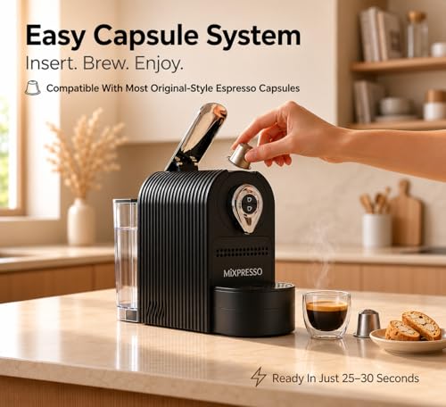 Mixpresso Black Espresso Coffee Machine – Compact 1400W Single Serve Coffee Maker Compatible with Nespresso OriginalLine Capsules, One-Touch Operation, 19-Bar Italian Pump, 27oz Water Tank - My Kitchen Products