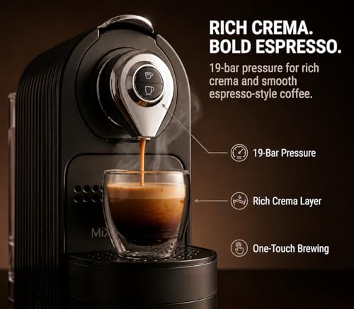 Mixpresso Black Espresso Coffee Machine – Compact 1400W Single Serve Coffee Maker Compatible with Nespresso OriginalLine Capsules, One-Touch Operation, 19-Bar Italian Pump, 27oz Water Tank - My Kitchen Products