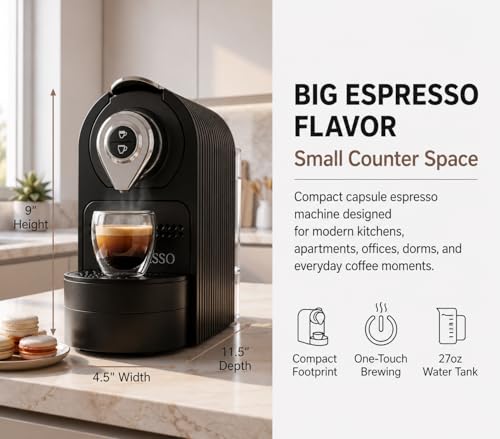 Mixpresso Black Espresso Coffee Machine – Compact 1400W Single Serve Coffee Maker Compatible with Nespresso OriginalLine Capsules, One-Touch Operation, 19-Bar Italian Pump, 27oz Water Tank - My Kitchen Products