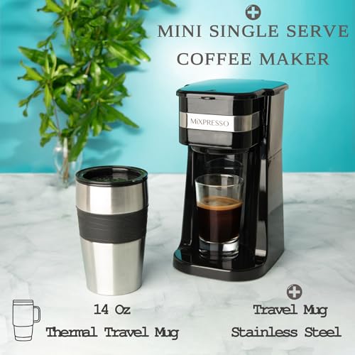 Mixpresso Black Personal Single Serve Coffee Maker with 14oz Travel Mug, Drip Small Coffee Maker with Auto Shut Off, Reusable Filter, Works with Ground Coffee Only – Not for K-Cup Pods - My Kitchen Products