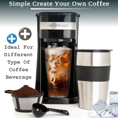 Mixpresso Black Personal Single Serve Coffee Maker with 14oz Travel Mug, Drip Small Coffee Maker with Auto Shut Off, Reusable Filter, Works with Ground Coffee Only – Not for K-Cup Pods - My Kitchen Products