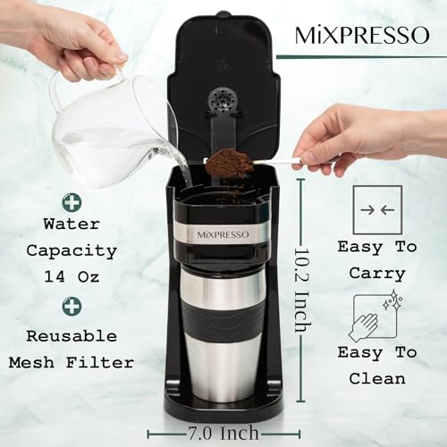 Mixpresso Black Personal Single Serve Coffee Maker with 14oz Travel Mug, Drip Small Coffee Maker with Auto Shut Off, Reusable Filter, Works with Ground Coffee Only – Not for K-Cup Pods - My Kitchen Products