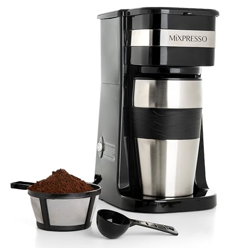 Mixpresso Black Personal Single Serve Coffee Maker with 14oz Travel Mug, Drip Small Coffee Maker with Auto Shut Off, Reusable Filter, Works with Ground Coffee Only – Not for K-Cup Pods - My Kitchen Products