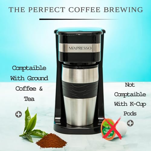 Mixpresso Black Personal Single Serve Coffee Maker with 14oz Travel Mug, Drip Small Coffee Maker with Auto Shut Off, Reusable Filter, Works with Ground Coffee Only – Not for K-Cup Pods - My Kitchen Products