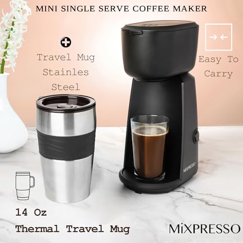 Mixpresso Personal Single Serve Coffee Maker & 14oz Travel Mug, Drip Small Coffee Maker & Tumbler, Auto Shut Off & Reusable Filter, Compatible with Coffee Grounds - My Kitchen Products