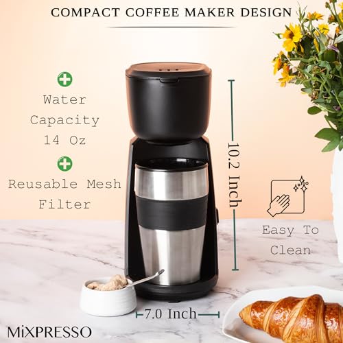 Mixpresso Personal Single Serve Coffee Maker & 14oz Travel Mug, Drip Small Coffee Maker & Tumbler, Auto Shut Off & Reusable Filter, Compatible with Coffee Grounds - My Kitchen Products