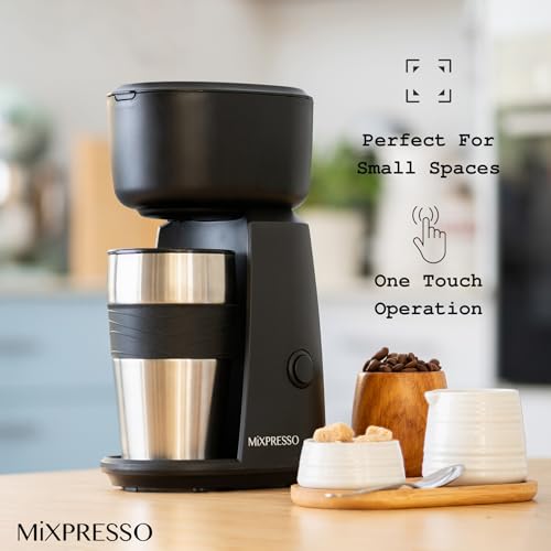 Mixpresso Personal Single Serve Coffee Maker & 14oz Travel Mug, Drip Small Coffee Maker & Tumbler, Auto Shut Off & Reusable Filter, Compatible with Coffee Grounds - My Kitchen Products