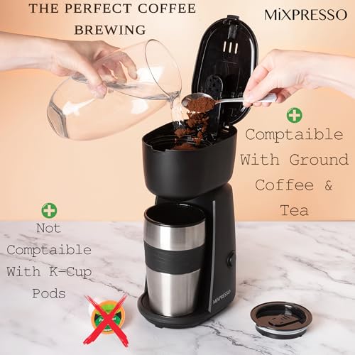 Mixpresso Personal Single Serve Coffee Maker & 14oz Travel Mug, Drip Small Coffee Maker & Tumbler, Auto Shut Off & Reusable Filter, Compatible with Coffee Grounds - My Kitchen Products