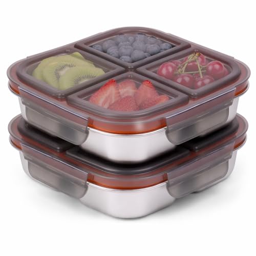 monoan 2 Pack Stainless Steel Snack Containers with Airtight Lids, 4 Compartment Food Storage Containers, Reusable Metal Meal Prep Lunch Boxes, Dishwasher Safe, Divided Plates for Adults (Black) - My Kitchen Products