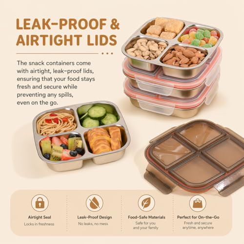 monoan 2 Pack Stainless Steel Snack Containers with Airtight Lids, 4 Compartment Food Storage Containers, Reusable Metal Meal Prep Lunch Boxes, Dishwasher Safe, Divided Plates for Adults (Black) - My Kitchen Products
