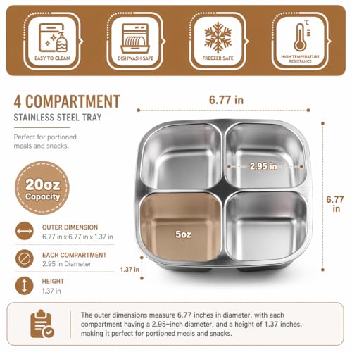 monoan 2 Pack Stainless Steel Snack Containers with Airtight Lids, 4 Compartment Food Storage Containers, Reusable Metal Meal Prep Lunch Boxes, Dishwasher Safe, Divided Plates for Adults (Black) - My Kitchen Products