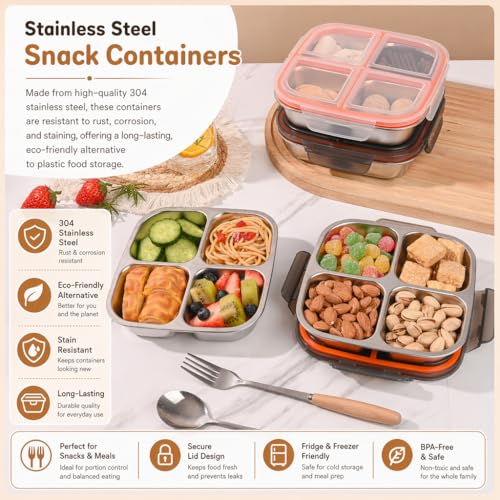 monoan 2 Pack Stainless Steel Snack Containers with Airtight Lids, 4 Compartment Food Storage Containers, Reusable Metal Meal Prep Lunch Boxes, Dishwasher Safe, Divided Plates for Adults (Black) - My Kitchen Products