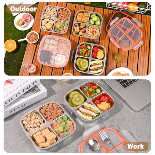 monoan 2 Pack Stainless Steel Snack Containers with Airtight Lids, 4 Compartment Food Storage Containers, Reusable Metal Meal Prep Lunch Boxes, Dishwasher Safe, Divided Plates for Adults (Black) - My Kitchen Products