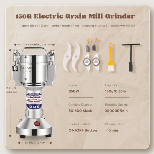 Moongiantgo Grain Mill Grinder Electric 150g Commercial Spice Grinder 850W Stainless Steel Pulverizer Dry Grinding Machine for Wheat Corn Rice Pepper Herbs Coffee Beans (150g Upright, 110V) - My Kitchen Products