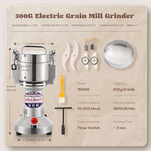 Moongiantgo Grain Mill Grinder Electric 300g Commercial Spice Grinder 1500W Stainless Steel Pulverizer Dry Grinding Machine for Wheat Corn Rice Pepper Herbs Coffee Beans (300g Upright, 110V) - My Kitchen Products