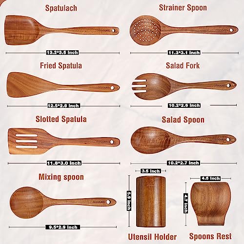 Mooues 9 Piece Natural Teak Wooden Kitchen Utensil Set with Spoon Rest - Comfort Grip Cooking Spoons and Utensils Holder - My Kitchen Products