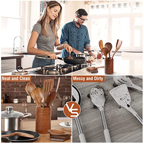 Mooues 9 Piece Natural Teak Wooden Kitchen Utensil Set with Spoon Rest - Comfort Grip Cooking Spoons and Utensils Holder - My Kitchen Products