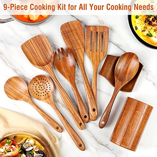 Mooues 9 Piece Natural Teak Wooden Kitchen Utensil Set with Spoon Rest - Comfort Grip Cooking Spoons and Utensils Holder - My Kitchen Products