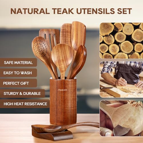 Mooues 9 Piece Natural Teak Wooden Kitchen Utensil Set with Spoon Rest - Comfort Grip Cooking Spoons and Utensils Holder - My Kitchen Products