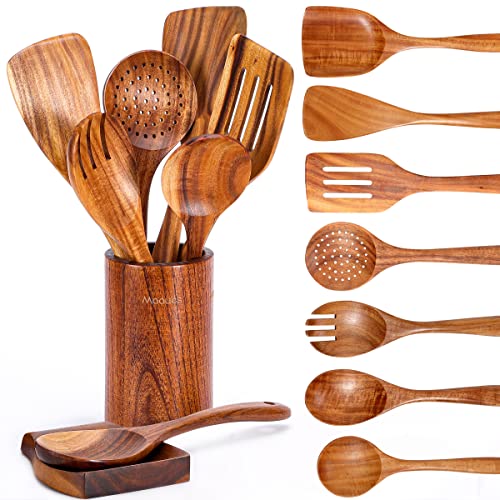 Mooues 9 Piece Natural Teak Wooden Kitchen Utensil Set with Spoon Rest - Comfort Grip Cooking Spoons and Utensils Holder - My Kitchen Products