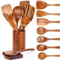 Mooues 9 Piece Natural Teak Wooden Kitchen Utensil Set with Spoon Rest - Comfort Grip Cooking Spoons and Utensils Holder - My Kitchen Products