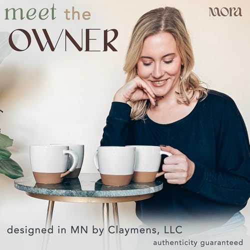 Mora Ceramic Large Latte Mug Set of 4, 16oz - Microwavable, Porcelain Coffee Cups With Big Handle - Modern, Boho, Unique Style For Any Kitchen. Microwave Safe Stoneware - Vanilla White - My Kitchen Products