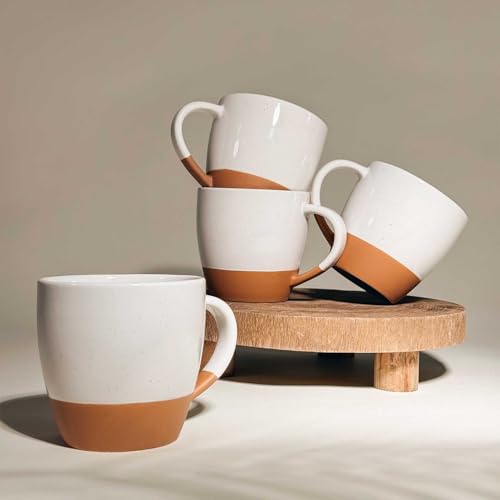 Mora Ceramic Large Latte Mug Set of 4, 16oz - Microwavable, Porcelain Coffee Cups With Big Handle - Modern, Boho, Unique Style For Any Kitchen. Microwave Safe Stoneware - Vanilla White - My Kitchen Products