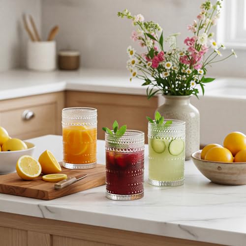 Moretoes Large Hobnail Drinking Glasses Set of 6, 15oz Highball Glass Cups, Kitchen Drinkware Glassware,Embossed Water Tumbler,for Beer,Cocktail,Whiskey,Juice and Various Mixed Drinks(Clear) - My Kitchen Products