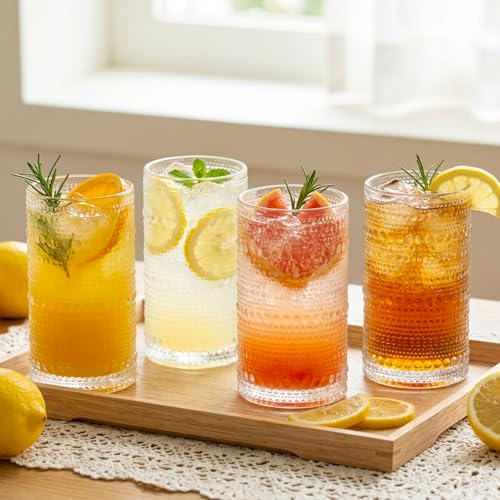 Moretoes Large Hobnail Drinking Glasses Set of 6, 15oz Highball Glass Cups, Kitchen Drinkware Glassware,Embossed Water Tumbler,for Beer,Cocktail,Whiskey,Juice and Various Mixed Drinks(Clear) - My Kitchen Products
