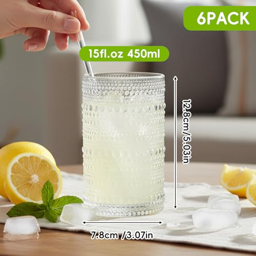 Moretoes Large Hobnail Drinking Glasses Set of 6, 15oz Highball Glass Cups, Kitchen Drinkware Glassware,Embossed Water Tumbler,for Beer,Cocktail,Whiskey,Juice and Various Mixed Drinks(Clear) - My Kitchen Products