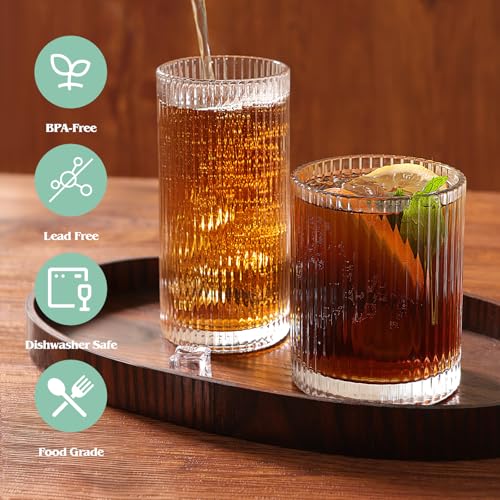 Moretoes Ribbed Drinking Glasses Set of 12, Glassware Clear Water Glass Cups, 6 Highball Glasses 12 Oz, 6 Rocks Glass 13 Oz, RibbedKitchen Bar Tumbler for Wine, Juice, Ice Coffee, Whiskey - My Kitchen Products