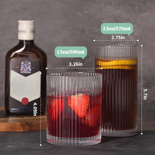 Moretoes Ribbed Drinking Glasses Set of 12, Glassware Clear Water Glass Cups, 6 Highball Glasses 12 Oz, 6 Rocks Glass 13 Oz, RibbedKitchen Bar Tumbler for Wine, Juice, Ice Coffee, Whiskey - My Kitchen Products