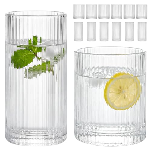 Moretoes Ribbed Drinking Glasses Set of 12, Glassware Clear Water Glass Cups, 6 Highball Glasses 12 Oz, 6 Rocks Glass 13