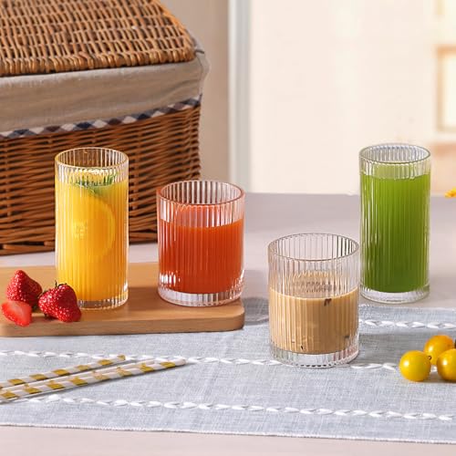Moretoes Ribbed Drinking Glasses Set of 12, Glassware Clear Water Glass Cups, 6 Highball Glasses 12 Oz, 6 Rocks Glass 13 Oz, RibbedKitchen Bar Tumbler for Wine, Juice, Ice Coffee, Whiskey - My Kitchen Products