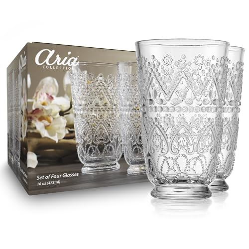 MosJos Set of 4 Vintage Beaded Highball Glasses, Clear Drinking Glasses 16 Ounce Elegant Drinking Glassware with Embossed Textured Decor Pattern Premium Sturdy Glass Cups - My Kitchen Products