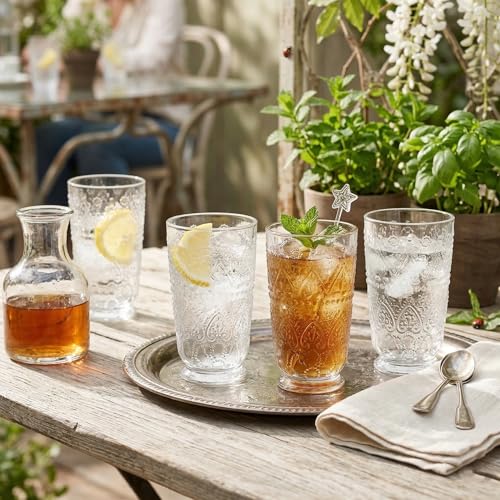 MosJos Set of 4 Vintage Beaded Highball Glasses, Clear Drinking Glasses 16 Ounce Elegant Drinking Glassware with Embossed Textured Decor Pattern Premium Sturdy Glass Cups - My Kitchen Products