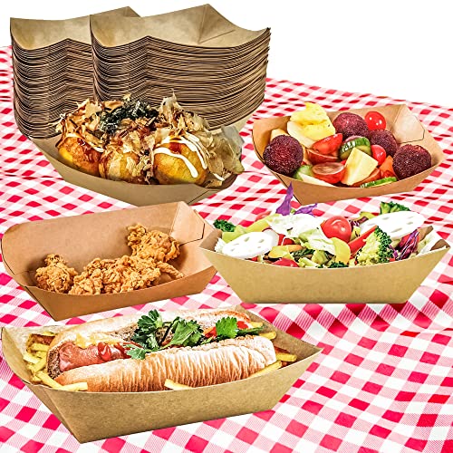 MotBach 100 Pack 2lb Paper Food Trays, Heavy-Duty Paper Food Boat Disposable Serving Basket Tray for French Fries Nachos Snack Hot Dog Taco BBQ Popcorn Party Picnic Wedding Party (Brown) - My Kitchen Products