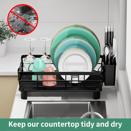 MOUKABAL Dish Drying Rack, Dish Rack, Stainless Steel Dish Racks for Kitchen Counter, Dish Drainer with Removable Utensil Holder, Drainboard (Black,13''W x 17''L) - My Kitchen Products