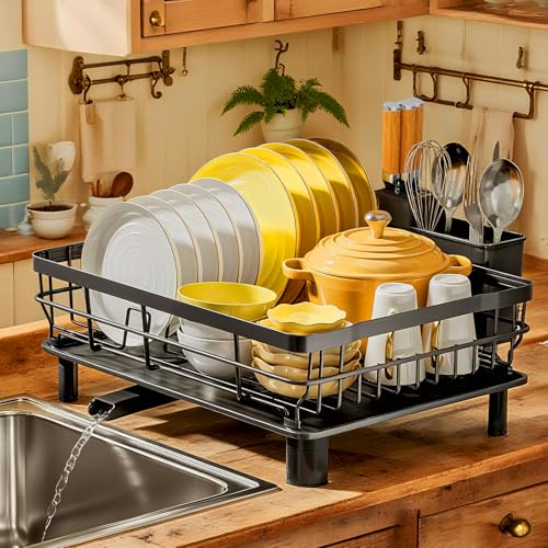 MOUKABAL Dish Drying Rack, Dish Rack, Stainless Steel Dish Racks for Kitchen Counter, Dish Drainer with Removable Utensil Holder, Drainboard (Black,13''W x 17''L) - My Kitchen Products